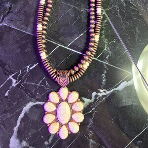 faux beaded White stone flower necklace Coppertone